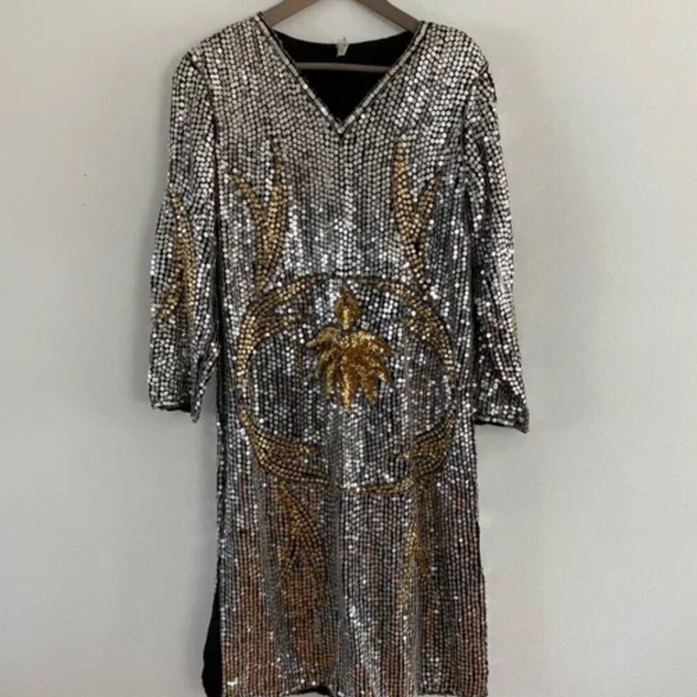 Vintage Glamorous Sequin Long Sleeve Dress in Silver and Gold